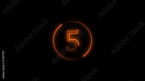 Abstract digital top five countdown circle orange color illustration. Orange circle Neon light 5 number black background 4k illustration.