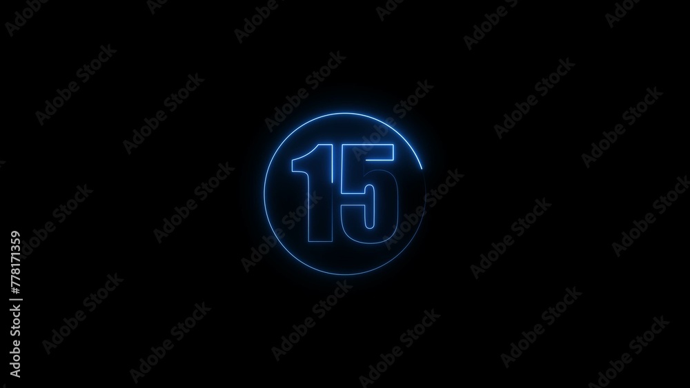 Abstract neon glowing countdown timer from 15 seconds royal blue illustration. Black background royal blue circle 4k illustration. Abstract neon glowing countdown timer from 15 seconds royal blue illustration. Black background royal blue circle 4k illustration.