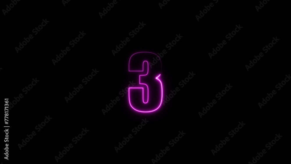 Abstract neon glowing countdown timer from 3 seconds magenta color illustration. Black background 4k illustration. Abstract neon glowing countdown timer from 3 seconds magenta color illustration. Black background 4k illustration.