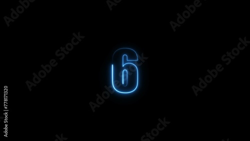 Abstract neon glowing countdown timer from 6 seconds royal blue illustration. Black background 4k illustration.