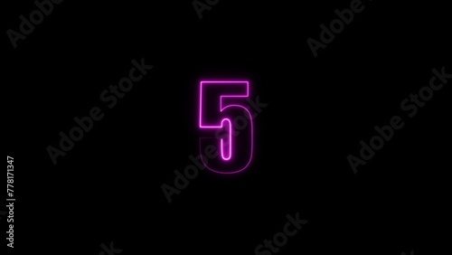 Abstract neon glowing countdown timer from 5 seconds magenta color illustration. Black background 4k illustration.  photo