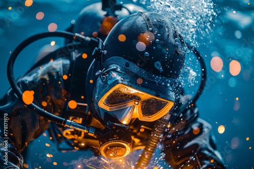 Close-up of a commercial diver fully equipped with an underwater helmet and suit, surrounded by bubbles and illuminated particles in the ocean.
