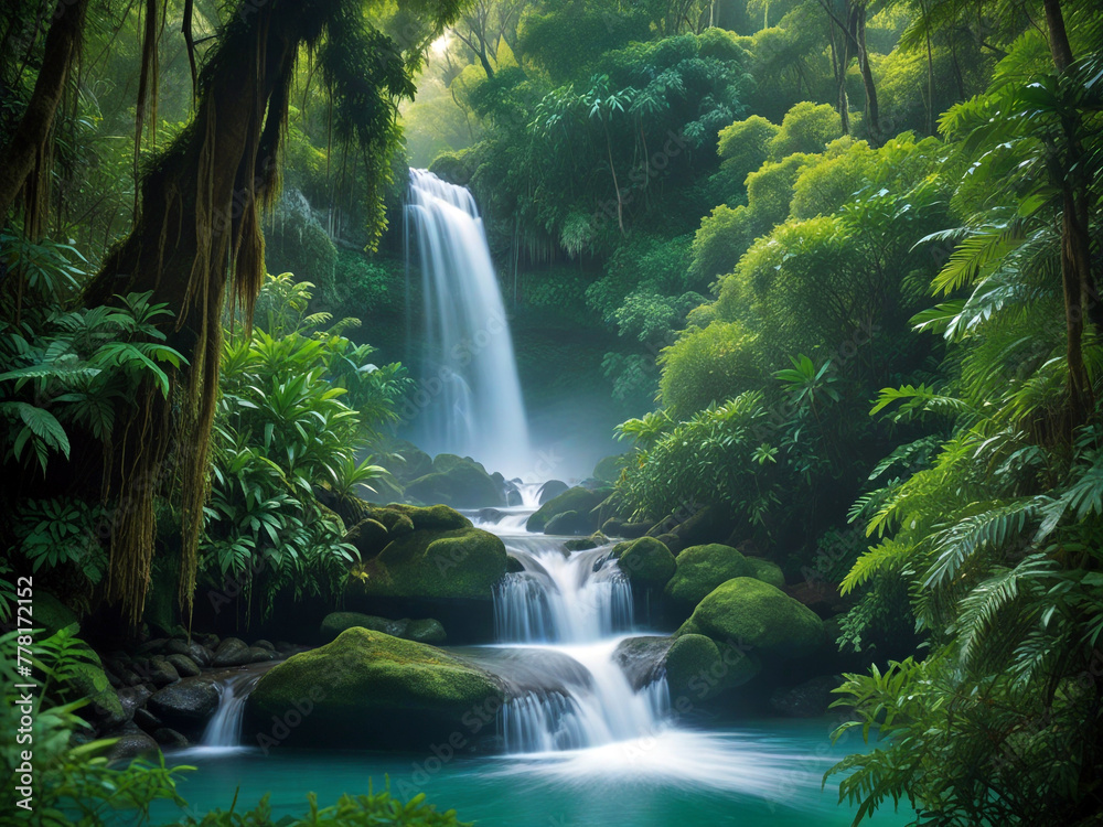 Fototapeta premium waterfall in the forest with greenery scenes