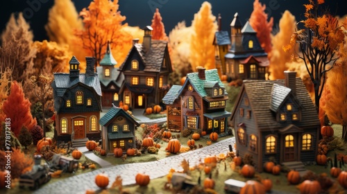 Halloween themed village with colorful houses and spooky details