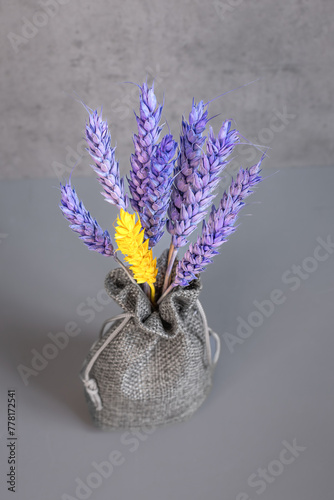 Colored wheat. Bouquet of seven spikelets. Lavender color. Linen bag. An alternative to a vase. Homemade original gift. Craft decor. Painted dried flowers. Cute little things.