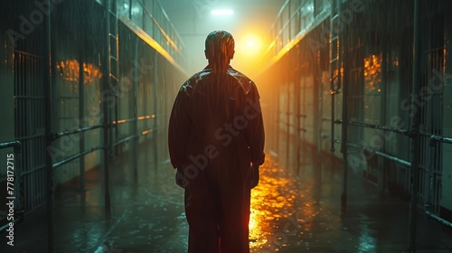 a man standing in a dark hallway with a bright light shining down on him and his back to the camera.