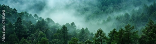 A beautiful, condensed mist clinging to the branches of a forest photo
