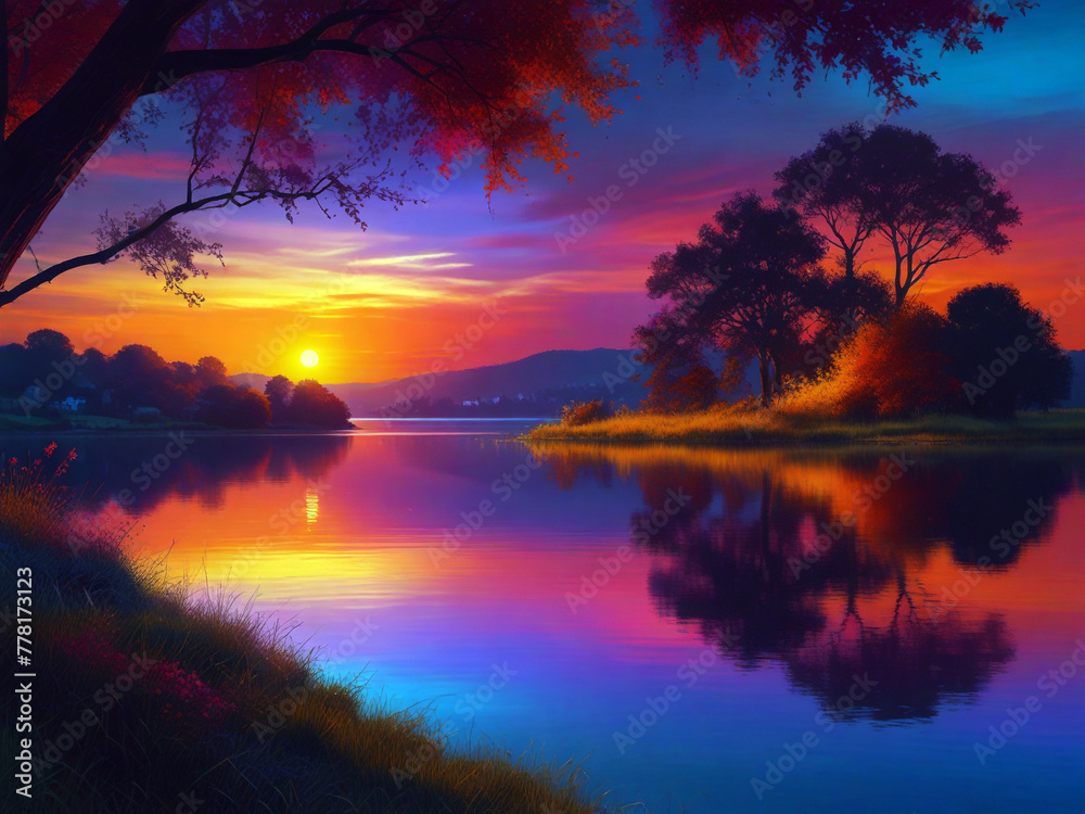evening seenary on river  with vibrant colors