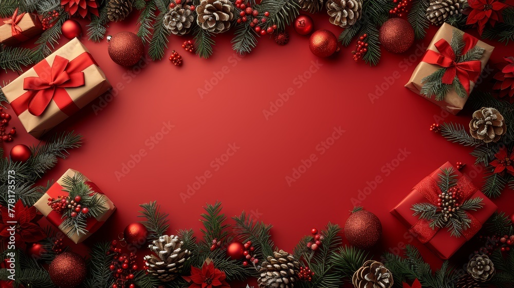 a red christmas background with presents, pine cones, fir cones, and pine cones on the bottom of the frame. a red christmas background with presents, pine cones, fir cones, and pine cones on the bottom of the frame.