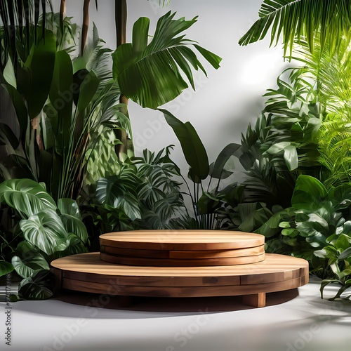 Wooden podium in tropical forest room for product presentation  Ai Generated