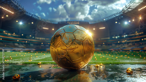 golden soccer ball in a large soccer stadium. Gold ball soccer award 
