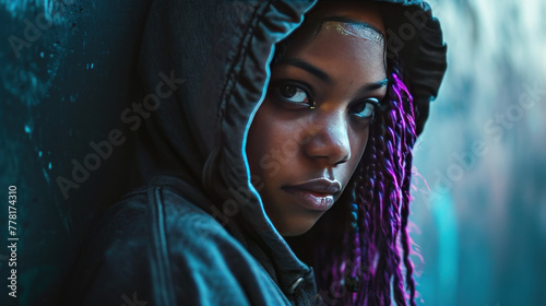 Woman wears a loose fitting, oversized hoodie. Underneath the hoodie, her hair is styled in purple cornrows photo
