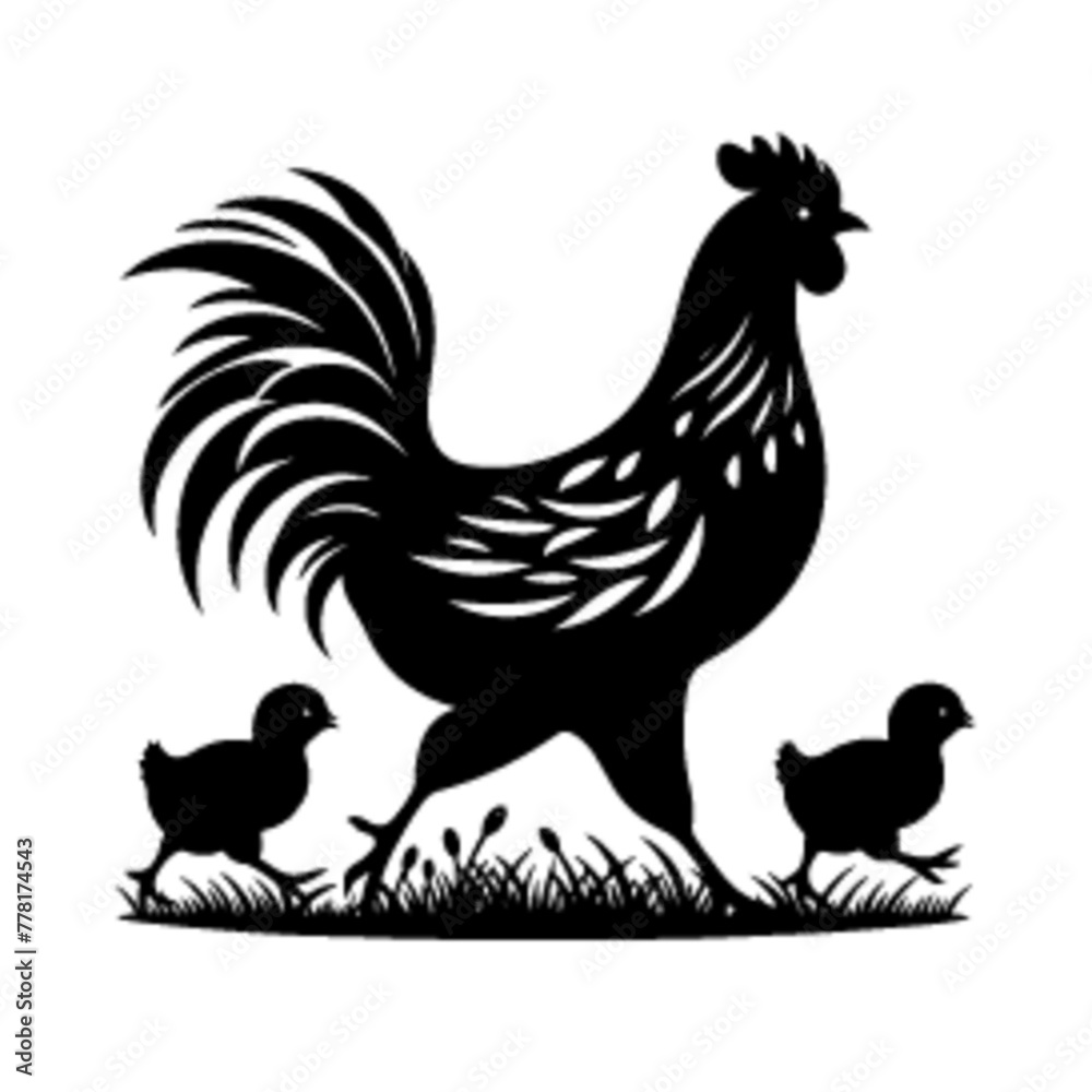 minimalist A hen with her chick leading her chicks across the yard vector black color silhouette, Black color silhouette-11