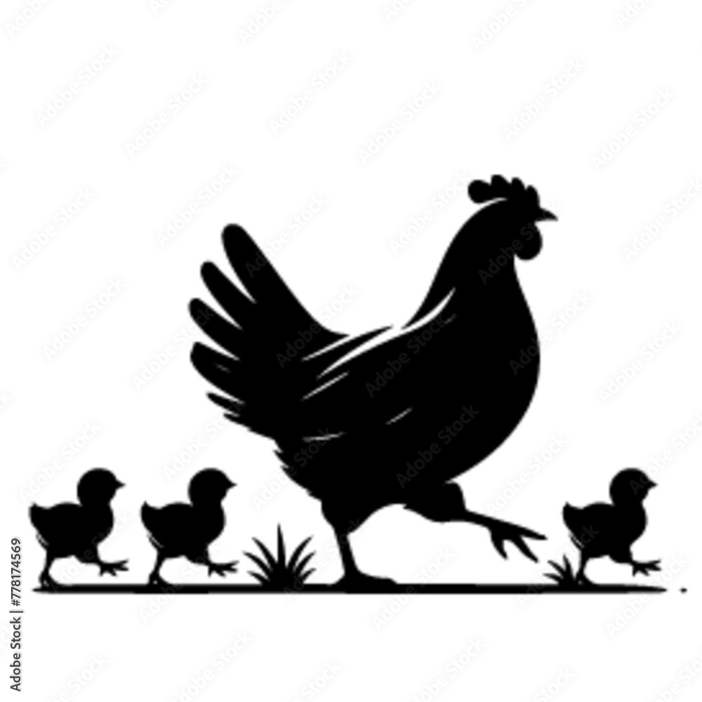 minimalist A hen with her chick leading her chicks across the yard vector black color silhouette, Black color silhouette-12
