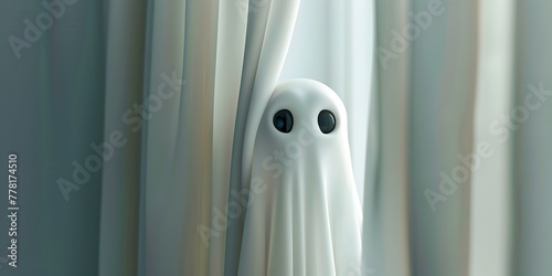 Shy Ghost Character Peeking from Behind ethereal Curtain with Curious Curiosity on White Isolated Background