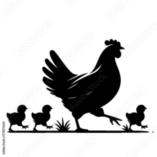 minimalist A hen with her chick leading her chicks across the yard vector black color silhouette, Black color silhouette-12