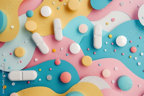 An abstract composition incorporating Naproxen, Pseudoephedrine, and ample copy space for advertising, creating a visually stimulating and informative piece for marketing campaigns photo