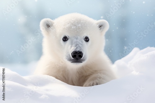 Polar bear cub (Ursus maritimus) on snow.
