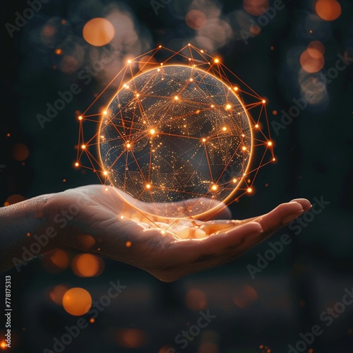 An ethereal and mystic scene of a human hand holding a glowing digital globe