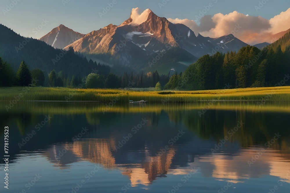 Majestic mountain range reflects tranquil meadow in summer beauty generated by AI Generative AI