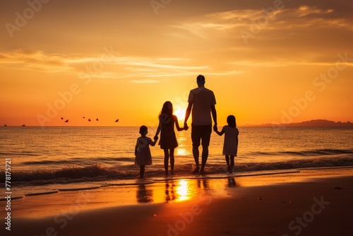 Happy family watching sunset on beach - high-quality canon eos 5d mark iv dslr photograph