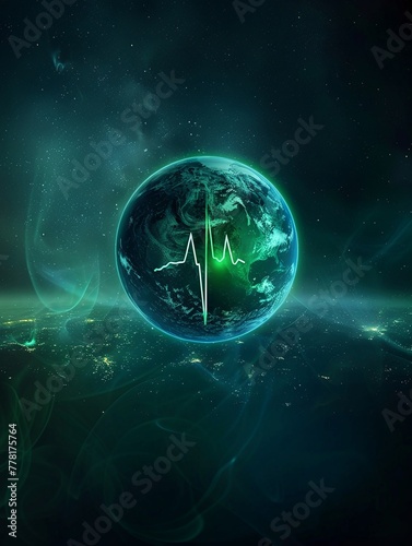 A serene representation of the Earth with a subtle green heartbeat pulsing through it, symbolizing the planets life force