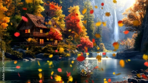 Beautiful autumn scene: colorful leaves, small house, river, waterfall. Seamless looping 4k time-lapse video animation background photo