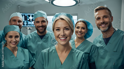Medical team includes surgeon, nurse, assistant are celebrating a successful surgery in operating room
 photo