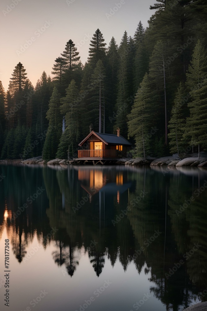 Fototapeta premium a serene lakeside cabin nestled among towering pine trees | lake bled country | sunset on the lake | lake in the mountains