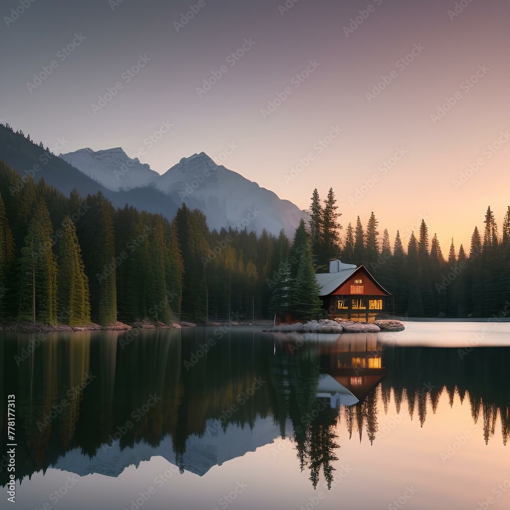 a serene lakeside cabin nestled among towering pine trees | lake bled country | sunset on the lake | lake in the mountains a serene lakeside cabin nestled among towering pine trees | lake bled country | sunset on the lake | lake in the mountains