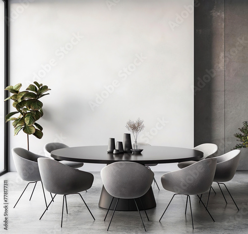 Template of minimalist dining room with grey chairs and a black table on white wall. Interior mockup with clean walls for pictures, posters, paintings, sculptures, and other wall art.