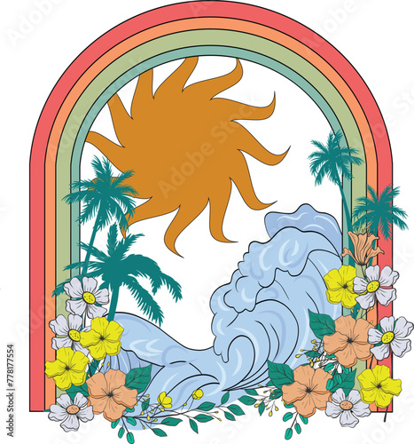 Colorful groovy wave and rainbow illustration in 70s and 60s style. Vintage hippie flowers. Psychedelic seventies nature background. Vector graphic design