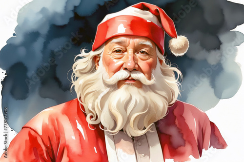 Colorful Santa Claus portrait watercolor illustration holiday seasonal theme concept on isolated white background. 