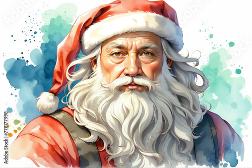 Colorful Santa Claus portrait watercolor illustration holiday seasonal theme concept on isolated white background. 