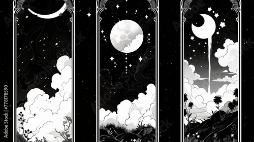 夜の月と星空のあるモノクロの世界