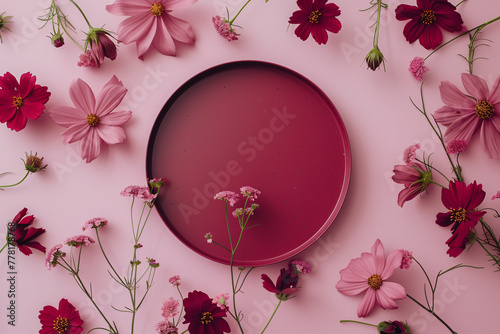 A round mirror surrounded by pink and red flowers on a pink background. photo