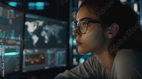 A focused young woman meticulously analyzing data on her computer, extracting valuable insights to drive strategic decision-making in her organization