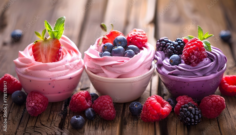 Homemade fruit yogurts with fresh berries on a wooden table. Homemade fruit yogurts with fresh berries on a wooden table.