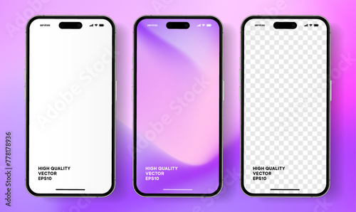 3D realistic high quality smartphone mockup with isolated background. Smart phone mockup collection. Device front view. 3D mobile phone with shadow on white background.