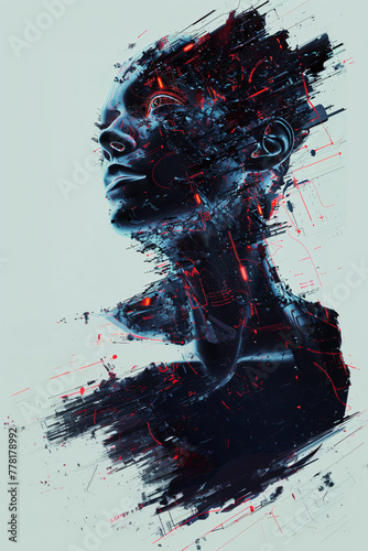Digital art of a human profile, fragmented with red and black abstract elements. photo