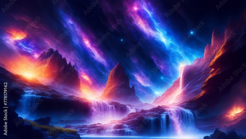 Obraz premium Galactic waterfalls falling from the heavens on a fantasy planet. An image of the power and magnificence of a natural phenomenon in a distant galaxy. Creative, AI Generated