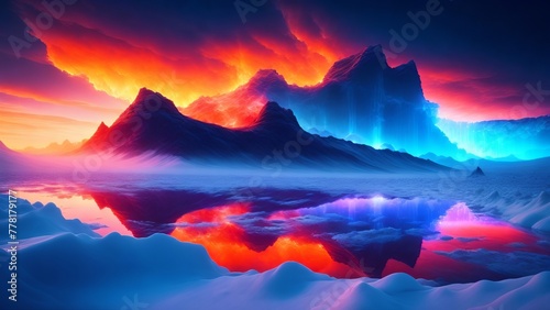 Ice fields under a fiery glow. A mysterious landscape with extreme climatic conditions on a fantastic planet. Creative, AI Generated photo