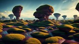 Purple rocks against a green sky. Amazing view of unique geological formations on a fantastic planet. Creative, AI Generated