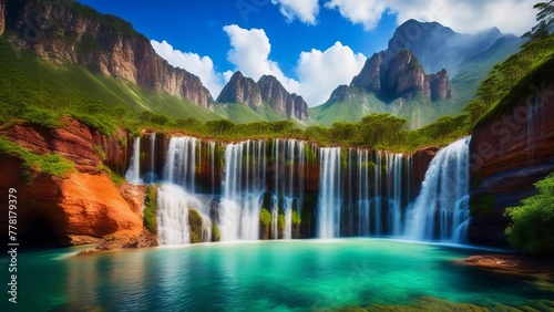 Picturesque waterfalls amidst lush vegetation. Breathtaking views of the planet's fantastic water formations and exotic vegetation. Creative, AI Generated