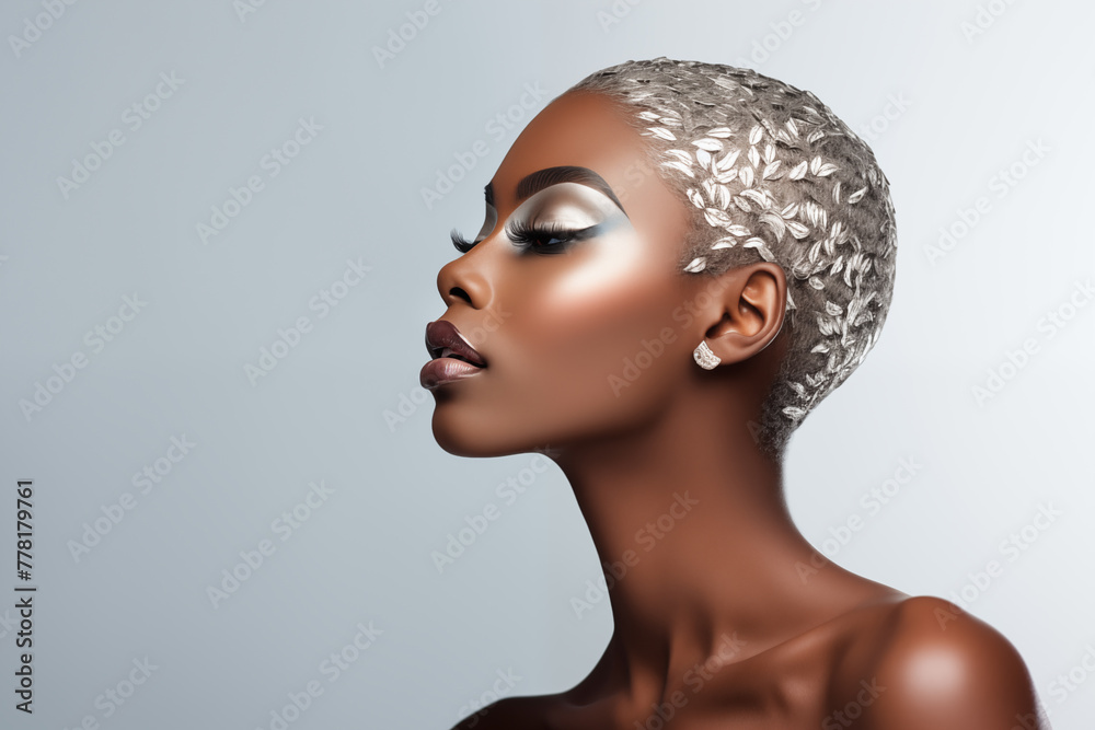 Studio portrait of beautiful fashion african dark skin young woman with very short hair style on colour background Studio portrait of beautiful fashion african dark skin young woman with very short hair style on colour background
