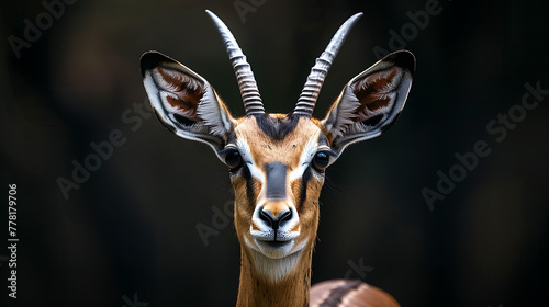 a gazelle in close-up. Against a dark background, the gazelle’s features come to life photo
