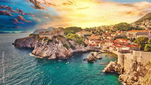 Cinemagraph of Fort Lovrijenac from the top walls of Dubrovnik city of Croatia. Looking Fort Lovrijenac fortress, over the West Harbour. Dubrovnik historic city of Croatia in Dalmatia. UNESCO Site. photo