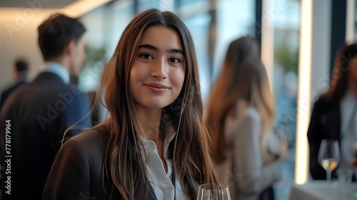 A poised young woman confidently networking at a business event, her ability to make meaningful connections a key asset in her career advancement