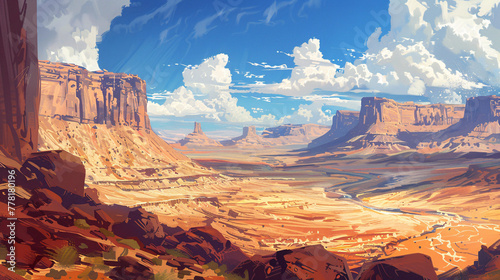 vast desert landscape with towering red rock formations, a river, and a blue sky. photo