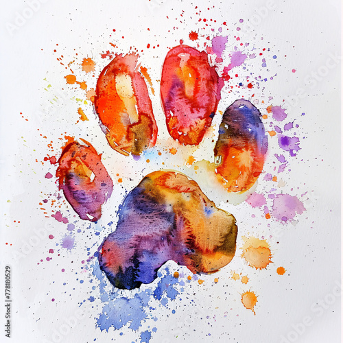 colorful watercolor painting of a paw print with vibrant splashes. photo